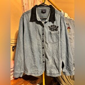 Vintage Denim Shirt with Black Floral Embroidery